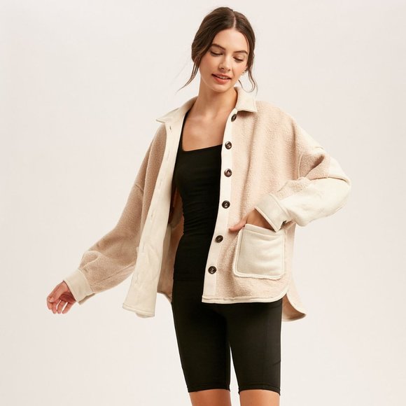 Listicle Oversized Terry Cloth Collar Button Closure Pocket Shacket - Picture 1 of 9